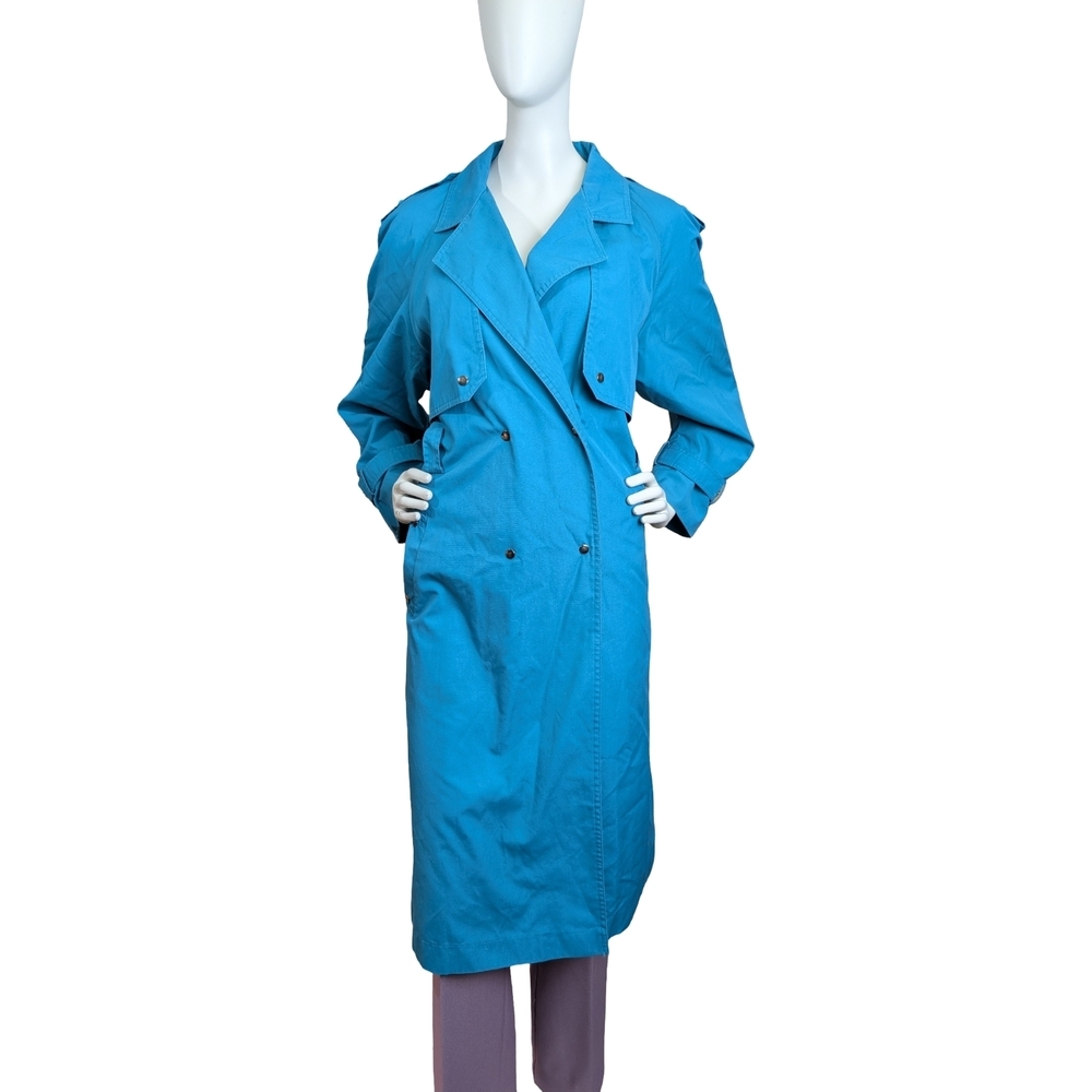 Vintage Teal Double-Breasted Trench Coat | 80s/90s VIPetites | Size M–L